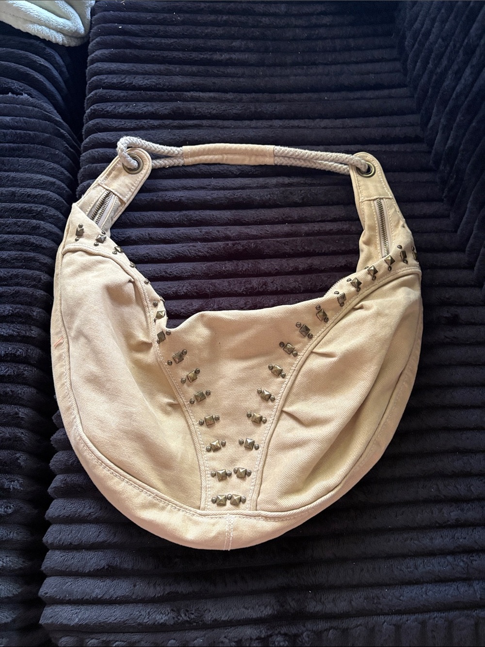 90s Crescent Slouch Handbag w/ Studs and Rope Strap